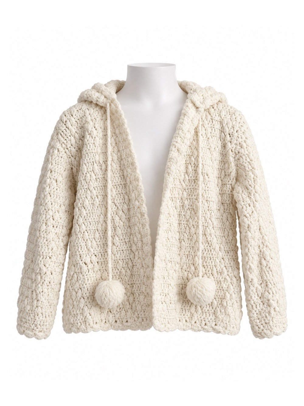 Size 3T Handmade Girls Cream Crochet Hooded Pom-Pom Cardigan Sweater